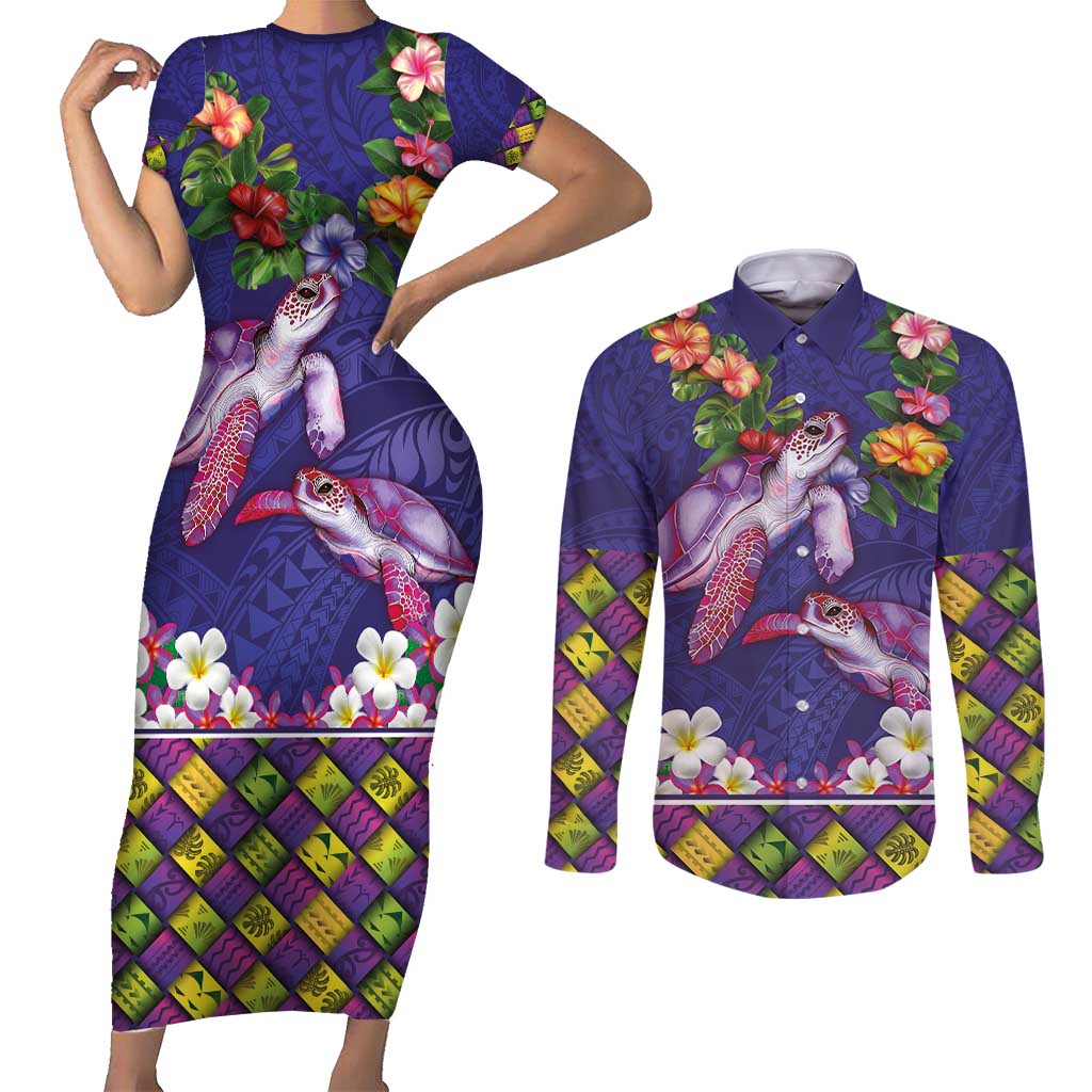 Hawaiian Lei Turtle and Plumeria Couples Matching Short Sleeve Bodycon Dress and Long Sleeve Button Shirt Polynerian Art Tattoo-Navy Color