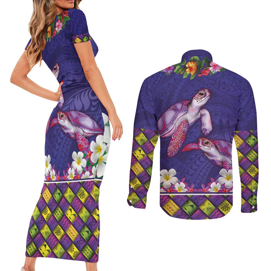 Hawaiian Lei Turtle and Plumeria Couples Matching Short Sleeve Bodycon Dress and Long Sleeve Button Shirt Polynerian Art Tattoo-Navy Color