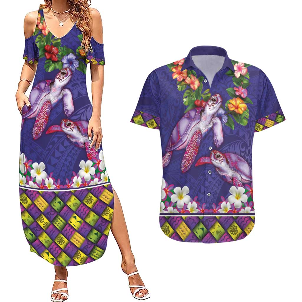 Hawaiian Lei Turtle and Plumeria Couples Matching Summer Maxi Dress and Hawaiian Shirt Polynerian Art Tattoo-Navy Color LT03 Navy - Polynesian Pride