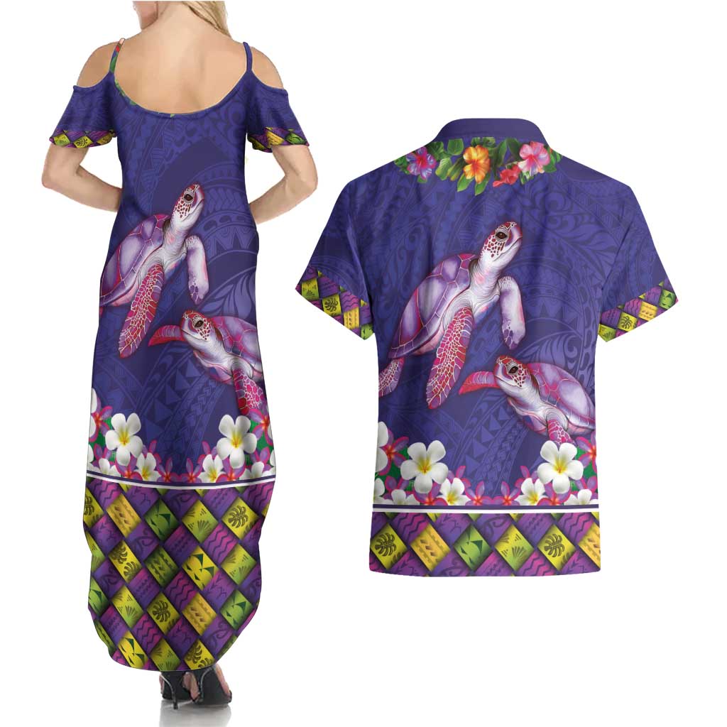 Hawaiian Lei Turtle and Plumeria Couples Matching Summer Maxi Dress and Hawaiian Shirt Polynerian Art Tattoo-Navy Color
