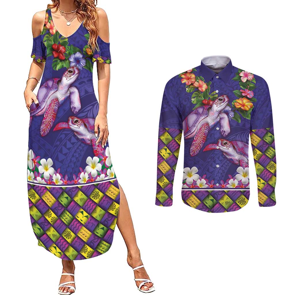 Hawaiian Lei Turtle and Plumeria Couples Matching Summer Maxi Dress and Long Sleeve Button Shirt Polynerian Art Tattoo-Navy Color LT03 Navy - Polynesian Pride