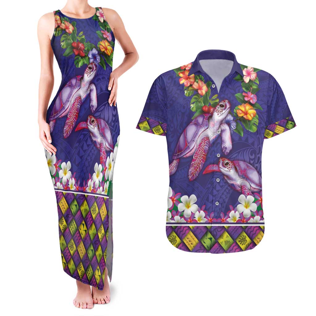 Hawaiian Lei Turtle and Plumeria Couples Matching Tank Maxi Dress and Hawaiian Shirt Polynerian Art Tattoo-Navy Color LT03 Navy - Polynesian Pride