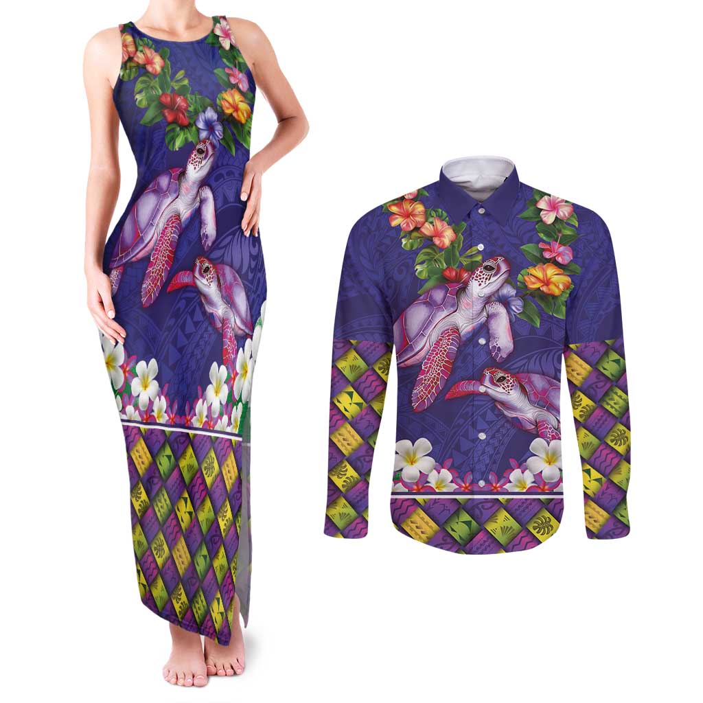 Hawaiian Lei Turtle and Plumeria Couples Matching Tank Maxi Dress and Long Sleeve Button Shirt Polynerian Art Tattoo-Navy Color LT03 Navy - Polynesian Pride