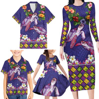 Hawaiian Lei Turtle and Plumeria Family Matching Long Sleeve Bodycon Dress and Hawaiian Shirt Polynerian Art Tattoo-Navy Color