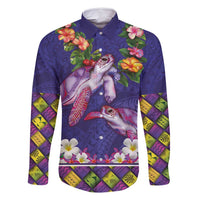 Hawaiian Lei Turtle and Plumeria Family Matching Long Sleeve Bodycon Dress and Hawaiian Shirt Polynerian Art Tattoo-Navy Color