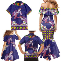 Hawaiian Lei Turtle and Plumeria Family Matching Mermaid Dress and Hawaiian Shirt Polynerian Art Tattoo-Navy Color
