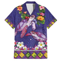 Hawaiian Lei Turtle and Plumeria Family Matching Off The Shoulder Long Sleeve Dress and Hawaiian Shirt Polynerian Art Tattoo-Navy Color