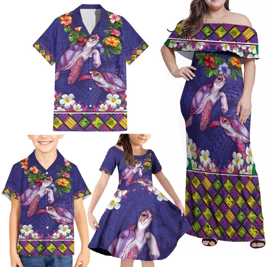 Hawaiian Lei Turtle and Plumeria Family Matching Off Shoulder Maxi Dress and Hawaiian Shirt Polynerian Art Tattoo-Navy Color