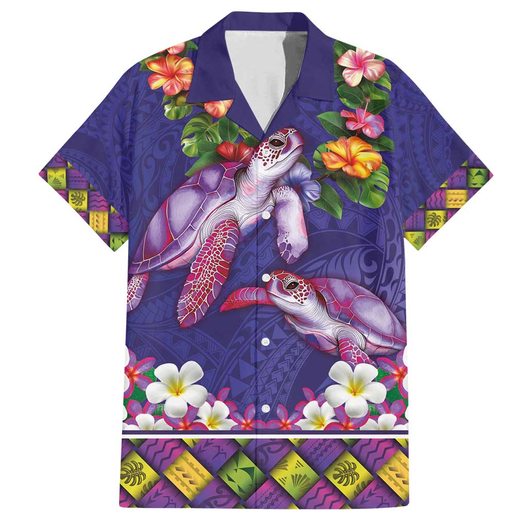 Hawaiian Lei Turtle and Plumeria Family Matching Off Shoulder Short Dress and Hawaiian Shirt Polynerian Art Tattoo-Navy Color