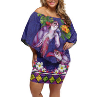 Hawaiian Lei Turtle and Plumeria Family Matching Off Shoulder Short Dress and Hawaiian Shirt Polynerian Art Tattoo-Navy Color