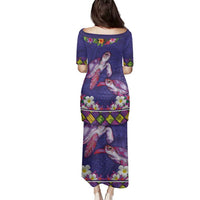 Hawaiian Lei Turtle and Plumeria Family Matching Puletasi and Hawaiian Shirt Polynerian Art Tattoo-Navy Color