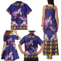Hawaiian Lei Turtle and Plumeria Family Matching Tank Maxi Dress and Hawaiian Shirt Polynerian Art Tattoo-Navy Color