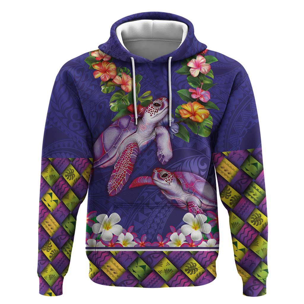 Hawaiian Lei Turtle and Plumeria Hoodie Polynerian Art Tattoo-Navy Color