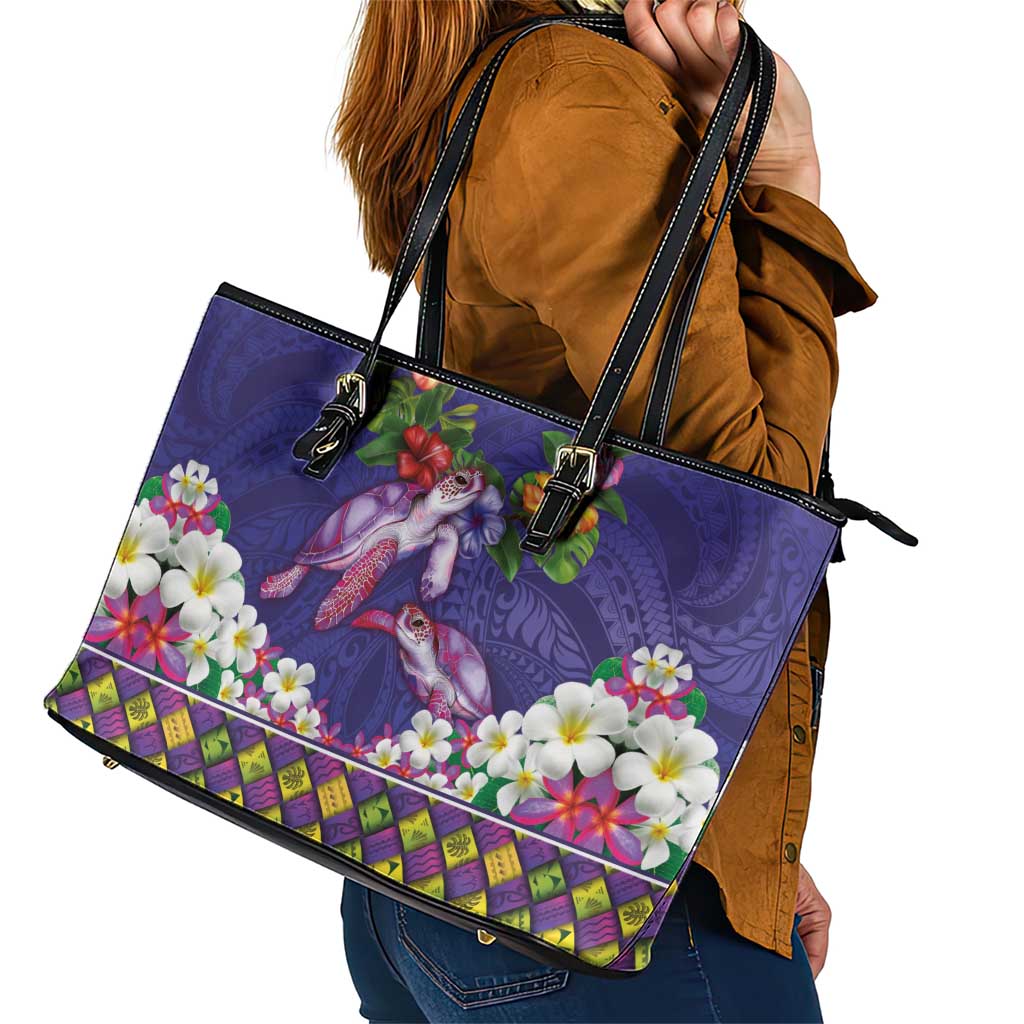 Hawaiian Lei Turtle and Plumeria Leather Tote Bag Polynerian Art Tattoo-Navy Color