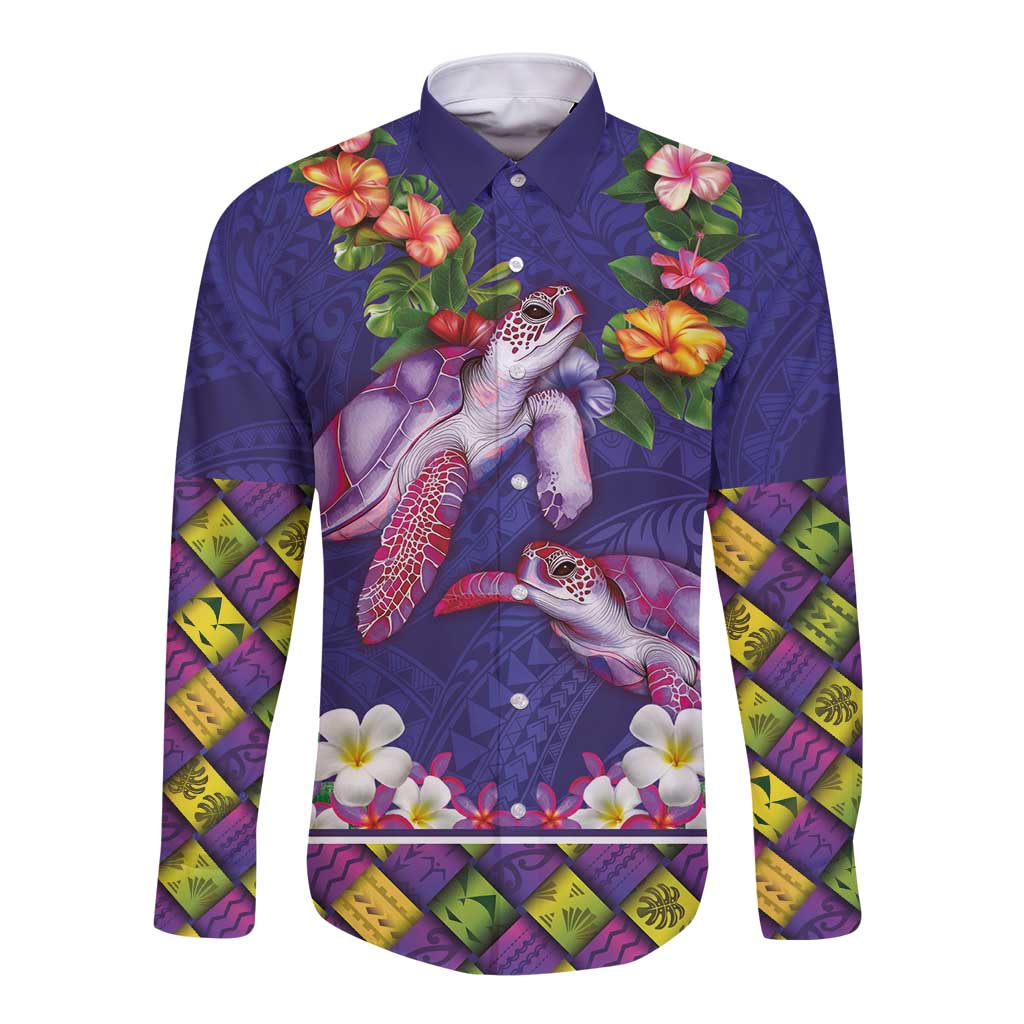 Hawaiian Lei Turtle and Plumeria Long Sleeve Button Shirt Polynerian Art Tattoo-Navy Color LT03 Unisex Navy - Polynesian Pride