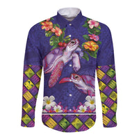 Hawaiian Lei Turtle and Plumeria Long Sleeve Button Shirt Polynerian Art Tattoo-Navy Color LT03 Unisex Navy - Polynesian Pride