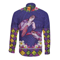 Hawaiian Lei Turtle and Plumeria Long Sleeve Button Shirt Polynerian Art Tattoo-Navy Color LT03 - Polynesian Pride