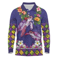 Hawaiian Lei Turtle and Plumeria Long Sleeve Polo Shirt Polynerian Art Tattoo-Navy Color