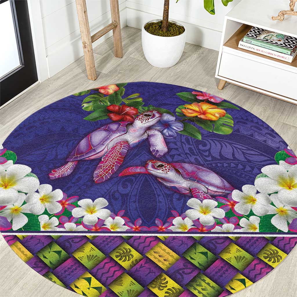 Hawaiian Lei Turtle and Plumeria Round Carpet Polynerian Art Tattoo-Navy Color