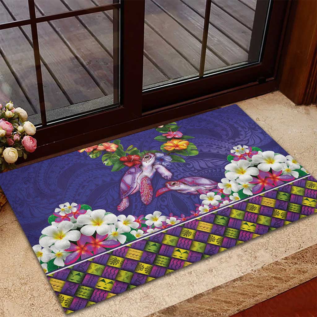 Hawaiian Lei Turtle and Plumeria Rubber Doormat Polynerian Art Tattoo-Navy Color LT03 - Polynesian Pride
