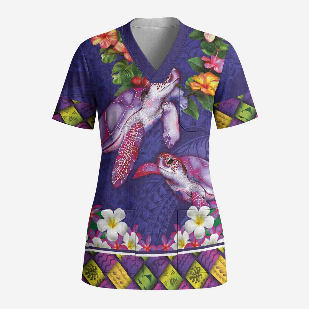 Hawaiian Lei Turtle and Plumeria Scrub Top Polynerian Art Tattoo-Navy Color - Polynesian Pride
