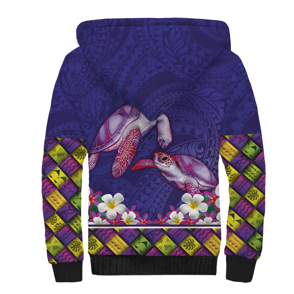 Hawaiian Lei Turtle and Plumeria Sherpa Hoodie Polynerian Art Tattoo-Navy Color LT03 - Polynesian Pride