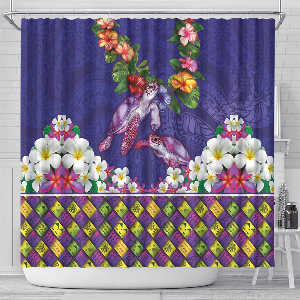 Hawaiian Lei Turtle and Plumeria Shower Curtain Polynerian Art Tattoo-Navy Color