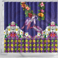 Hawaiian Lei Turtle and Plumeria Shower Curtain Polynerian Art Tattoo-Navy Color