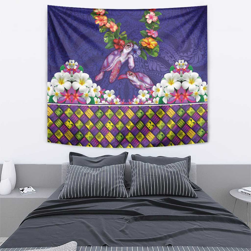 Hawaiian Lei Turtle and Plumeria Tapestry Polynerian Art Tattoo-Navy Color