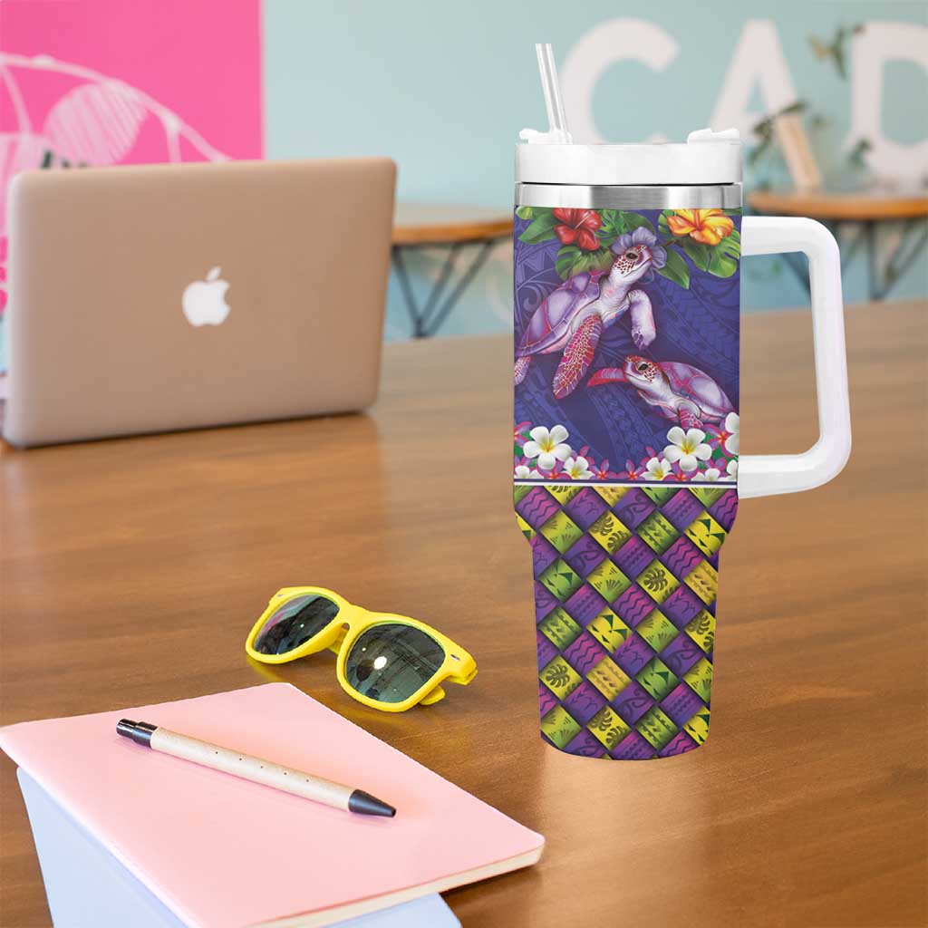 Hawaiian Lei Turtle and Plumeria Tumbler With Handle Polynerian Art Tattoo-Navy Color LT03 - Polynesian Pride