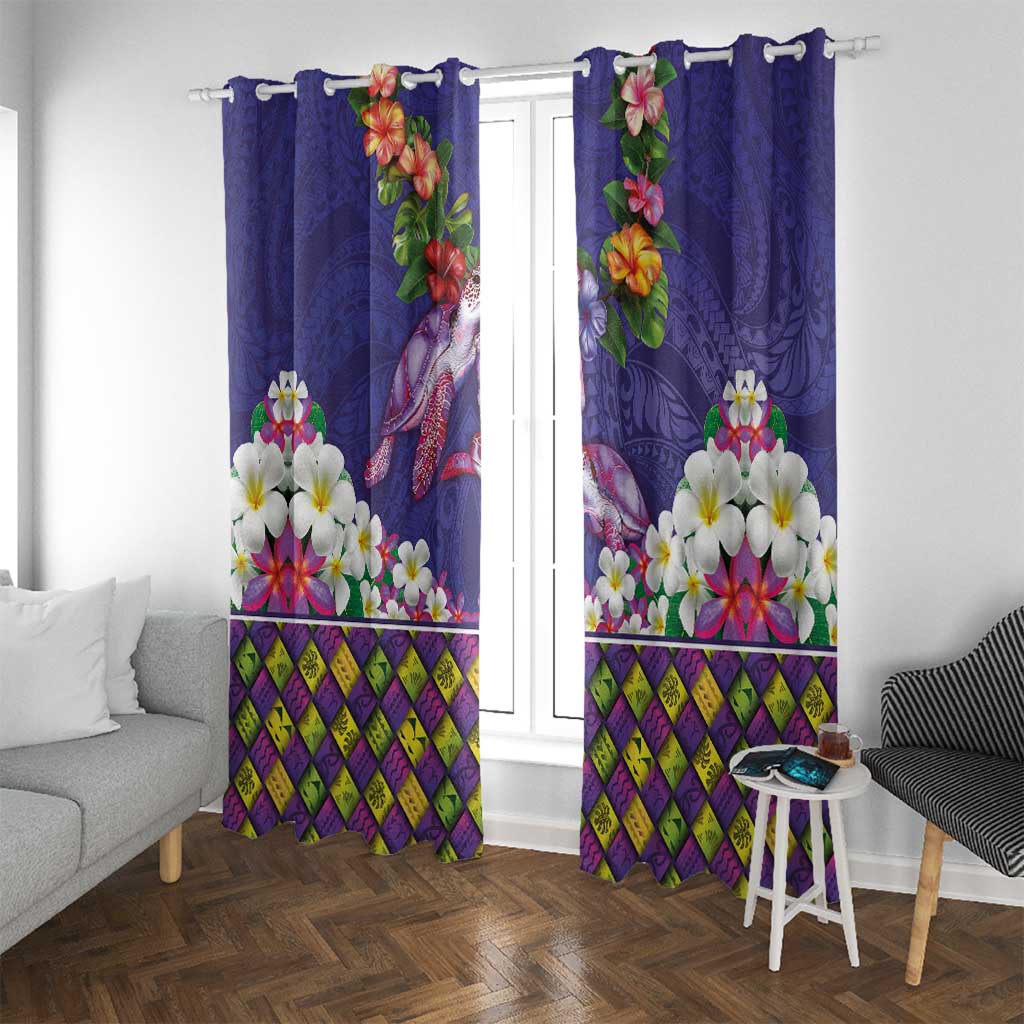 Hawaiian Lei Turtle and Plumeria Window Curtain Polynerian Art Tattoo-Navy Color LT03 With Grommets Navy - Polynesian Pride