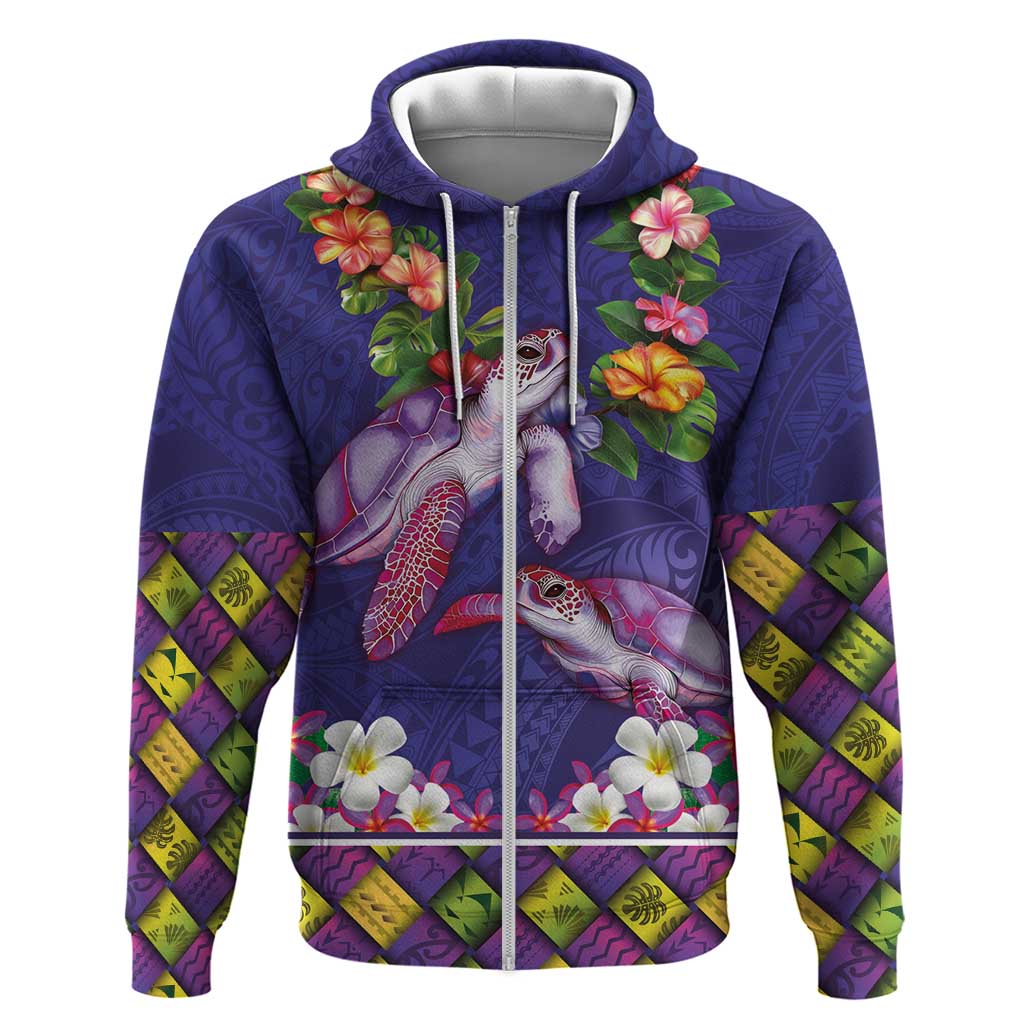 Hawaiian Lei Turtle and Plumeria Zip Hoodie Polynerian Art Tattoo-Navy Color