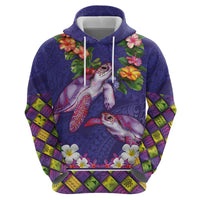 Hawaiian Lei Turtle and Plumeria Zip Hoodie Polynerian Art Tattoo-Navy Color