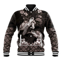 Hawaiian Lei Turtle and Plumeria Baseball Jacket Polynerian Art Tattoo-Grayscale Mode LT03 Unisex Black - Polynesian Pride
