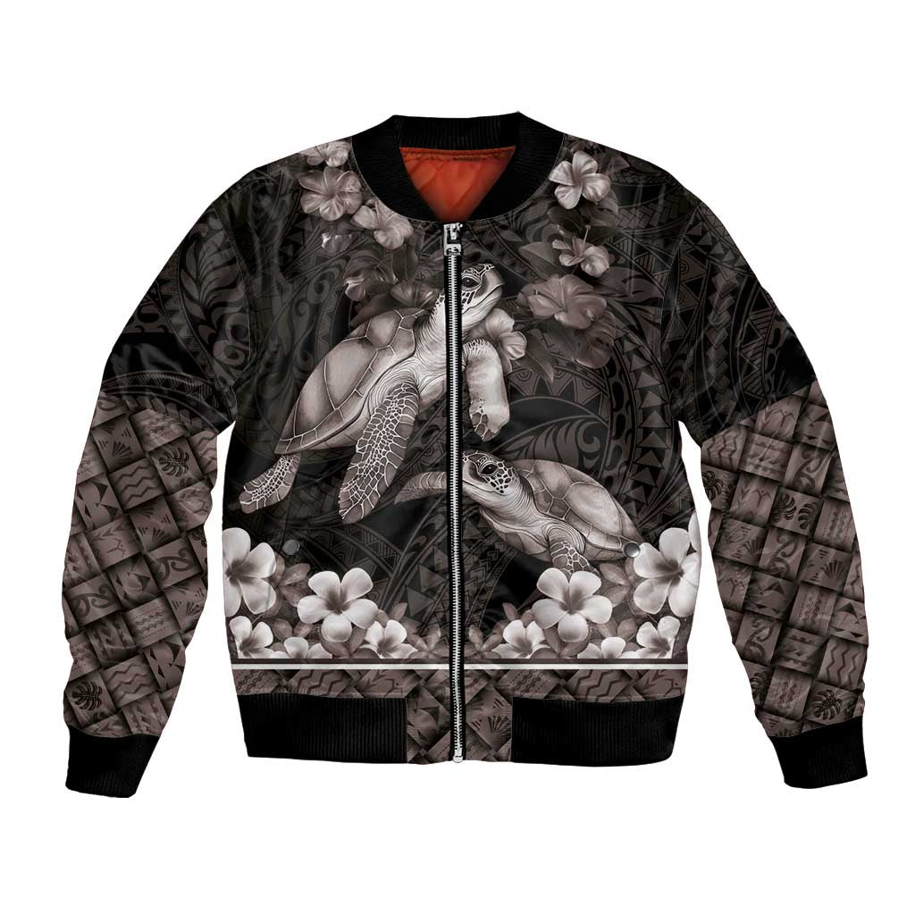 Hawaiian Lei Turtle and Plumeria Bomber Jacket Polynerian Art Tattoo-Grayscale Mode