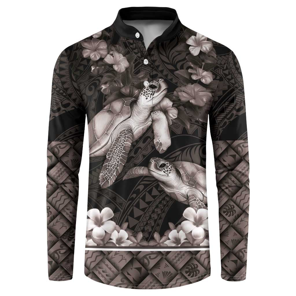 Hawaiian Lei Turtle and Plumeria Button Sweatshirt Polynerian Art Tattoo-Grayscale Mode LT03 Black - Polynesian Pride
