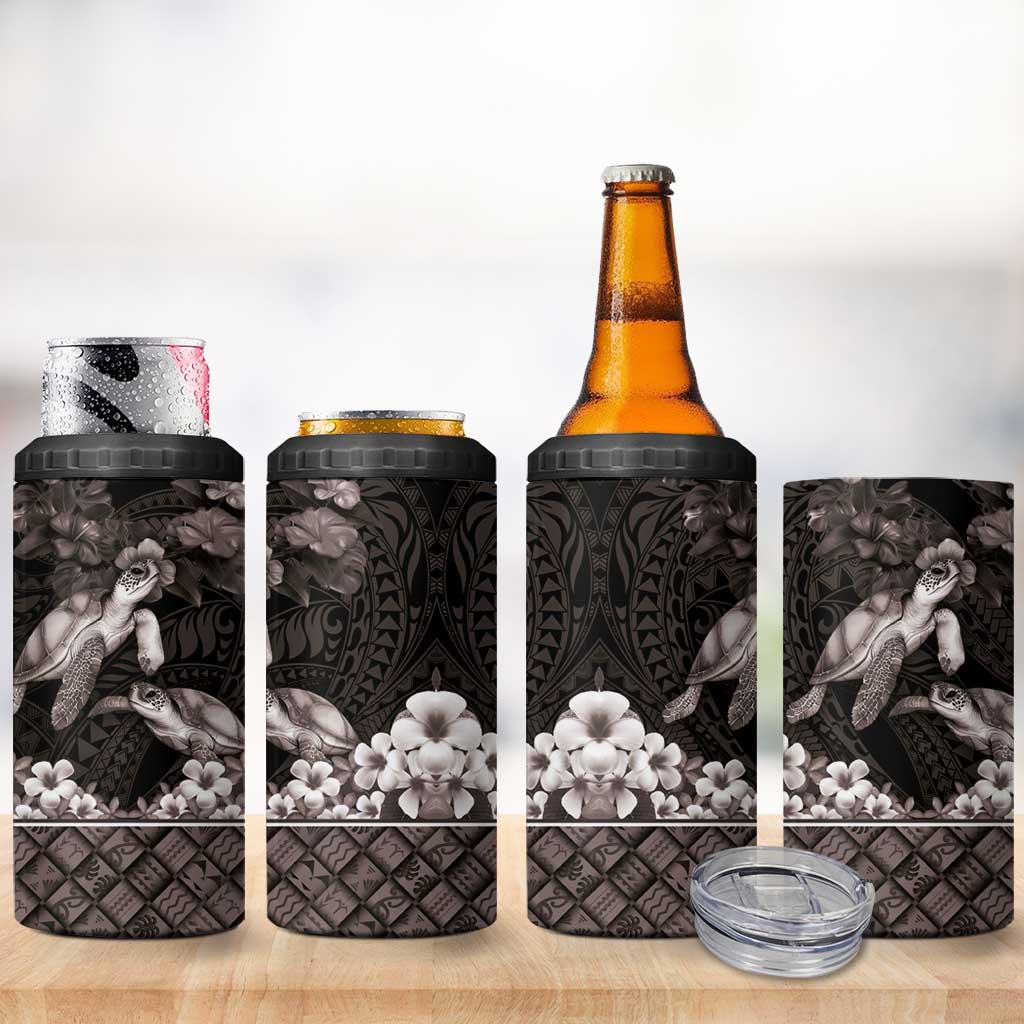Hawaiian Lei Turtle and Plumeria 4 in 1 Can Cooler Tumbler Polynerian Art Tattoo-Grayscale Mode
