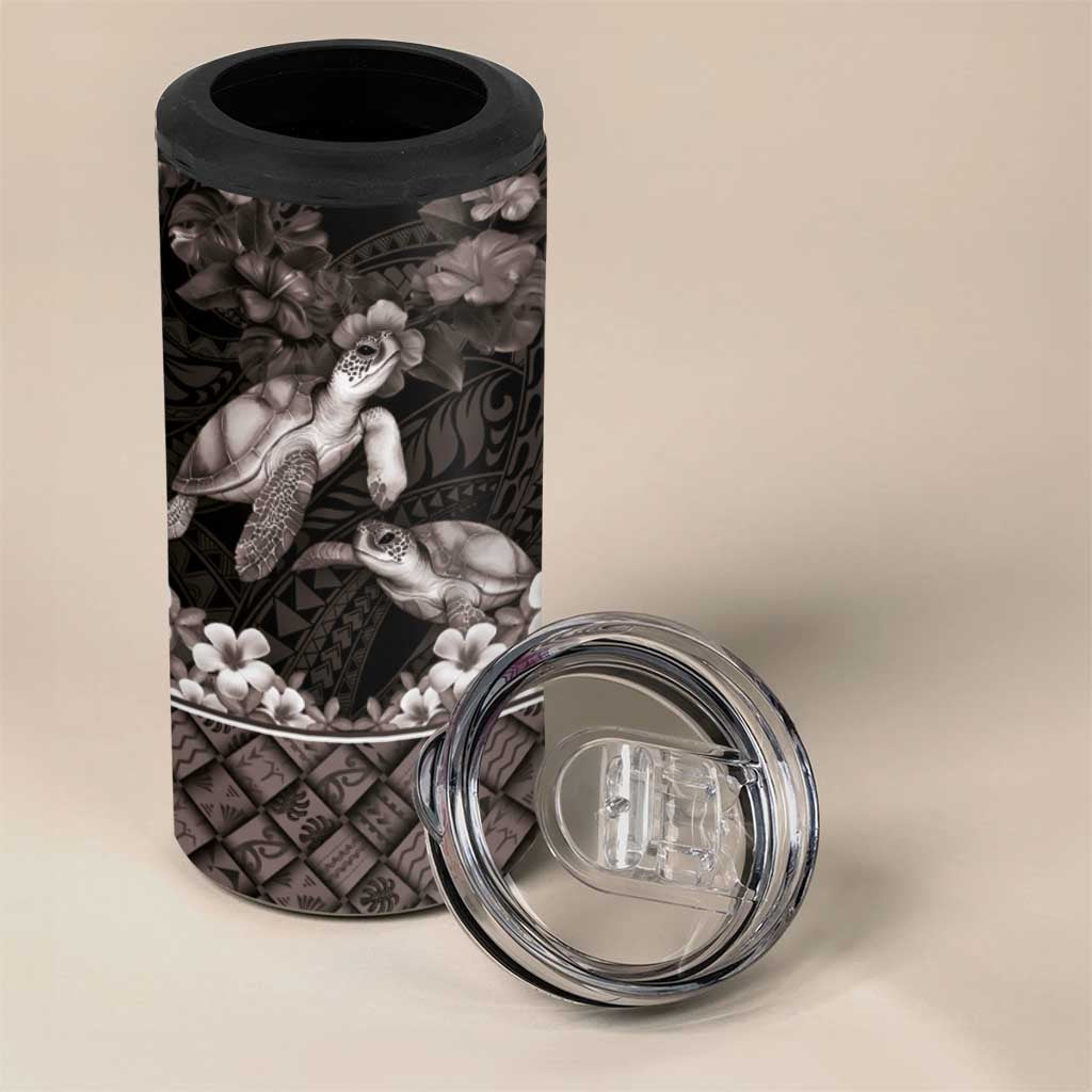 Hawaiian Lei Turtle and Plumeria 4 in 1 Can Cooler Tumbler Polynerian Art Tattoo-Grayscale Mode