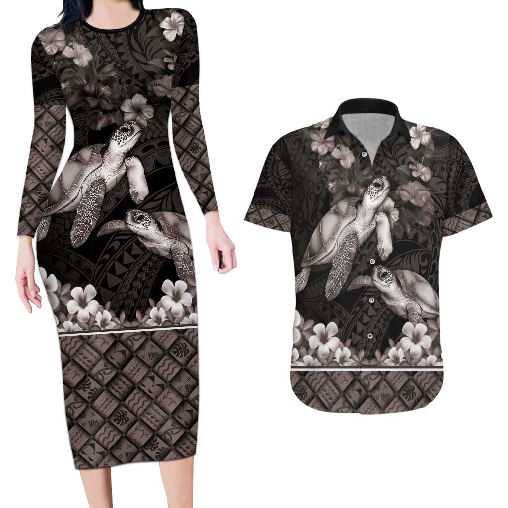 Hawaiian Lei Turtle and Plumeria Couples Matching Long Sleeve Bodycon Dress and Hawaiian Shirt Polynerian Art Tattoo-Grayscale Mode LT03 Black - Polynesian Pride