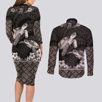 Hawaiian Lei Turtle and Plumeria Couples Matching Long Sleeve Bodycon Dress and Long Sleeve Button Shirt Polynerian Art Tattoo-Grayscale Mode LT03 - Polynesian Pride