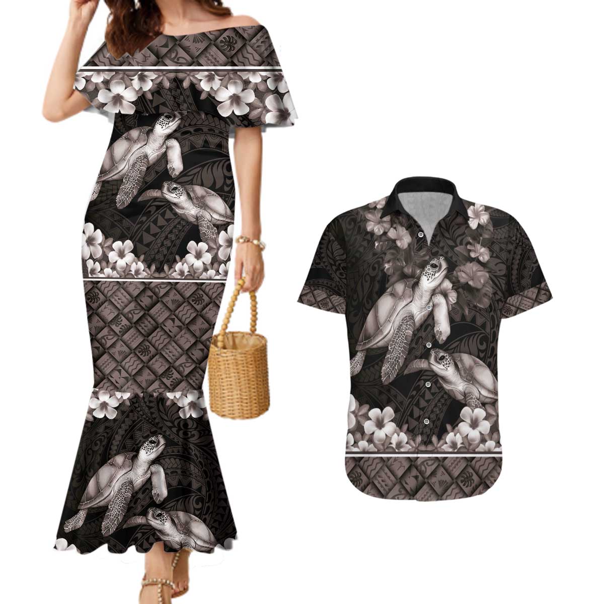Hawaiian Lei Turtle and Plumeria Couples Matching Mermaid Dress and Hawaiian Shirt Polynerian Art Tattoo-Grayscale Mode LT03 Black - Polynesian Pride