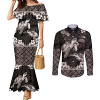 Hawaiian Lei Turtle and Plumeria Couples Matching Mermaid Dress and Long Sleeve Button Shirt Polynerian Art Tattoo-Grayscale Mode LT03 Black - Polynesian Pride