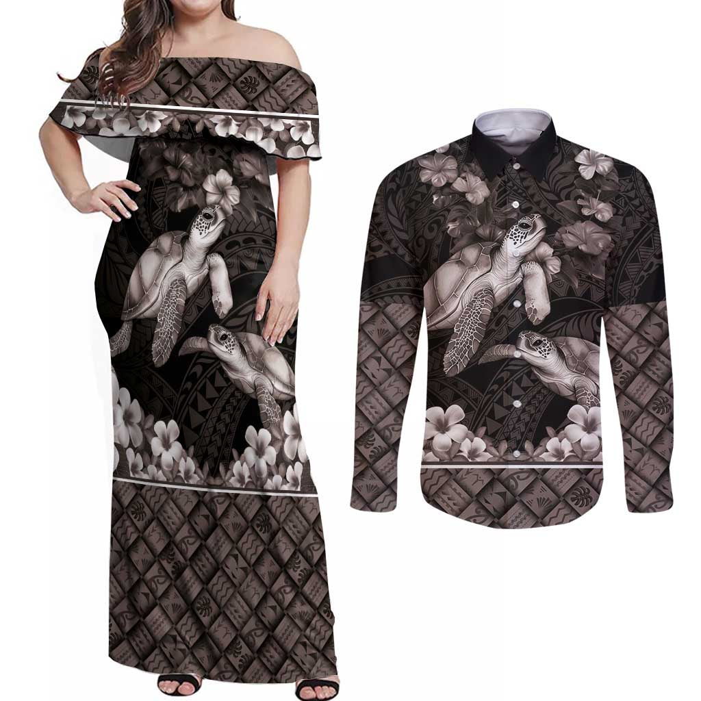 Hawaiian Lei Turtle and Plumeria Couples Matching Off Shoulder Maxi Dress and Long Sleeve Button Shirt Polynerian Art Tattoo-Grayscale Mode LT03 Black - Polynesian Pride