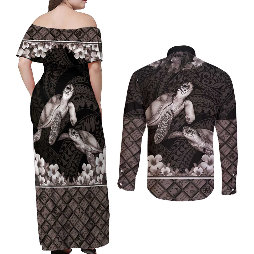 Hawaiian Lei Turtle and Plumeria Couples Matching Off Shoulder Maxi Dress and Long Sleeve Button Shirt Polynerian Art Tattoo-Grayscale Mode LT03 - Polynesian Pride