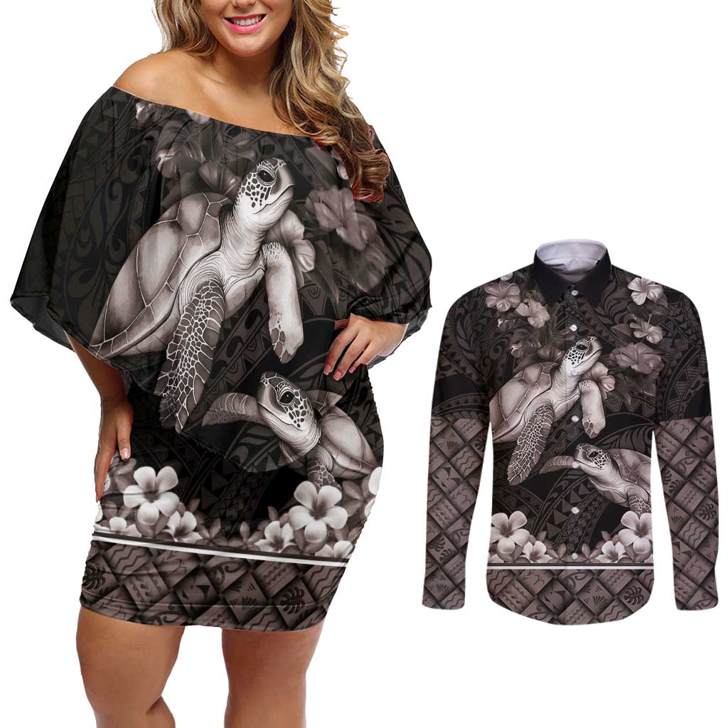 Hawaiian Lei Turtle and Plumeria Couples Matching Off Shoulder Short Dress and Long Sleeve Button Shirt Polynerian Art Tattoo-Grayscale Mode LT03 Black - Polynesian Pride