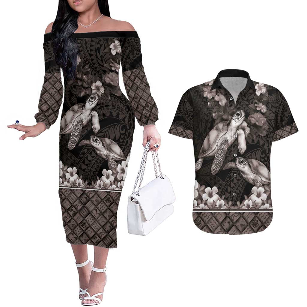 Hawaiian Lei Turtle and Plumeria Couples Matching Off The Shoulder Long Sleeve Dress and Hawaiian Shirt Polynerian Art Tattoo-Grayscale Mode LT03 Black - Polynesian Pride