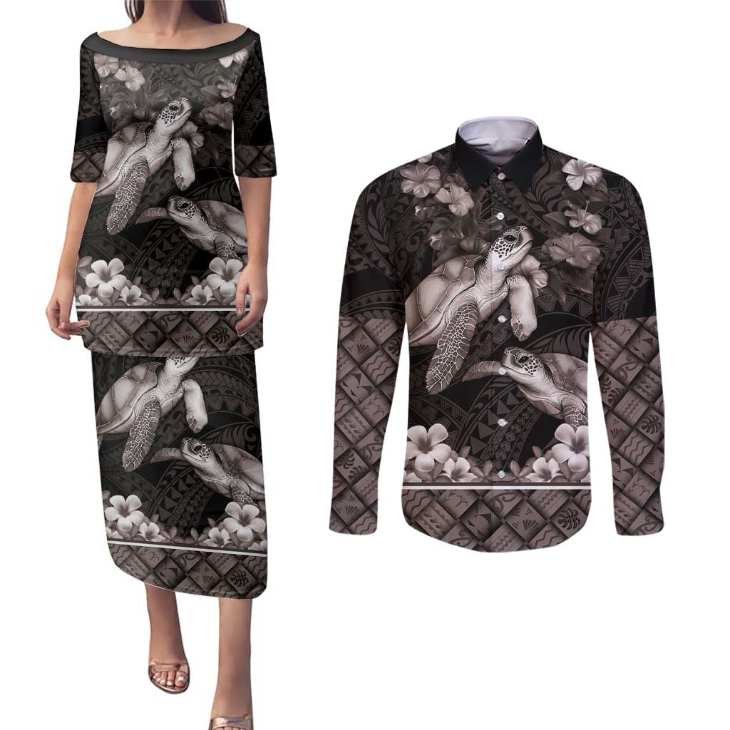 Hawaiian Lei Turtle and Plumeria Couples Matching Puletasi and Long Sleeve Button Shirt Polynerian Art Tattoo-Grayscale Mode