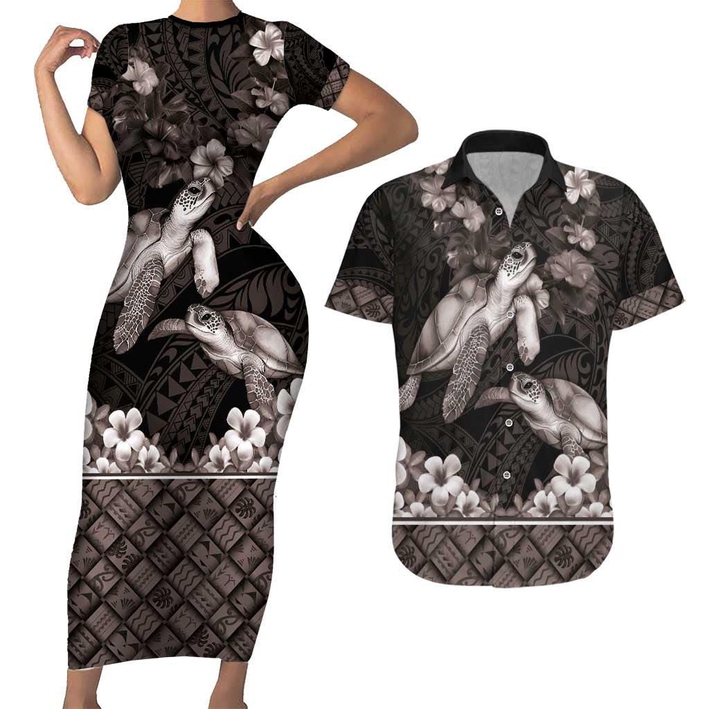 Hawaiian Lei Turtle and Plumeria Couples Matching Short Sleeve Bodycon Dress and Hawaiian Shirt Polynerian Art Tattoo-Grayscale Mode LT03 Black - Polynesian Pride