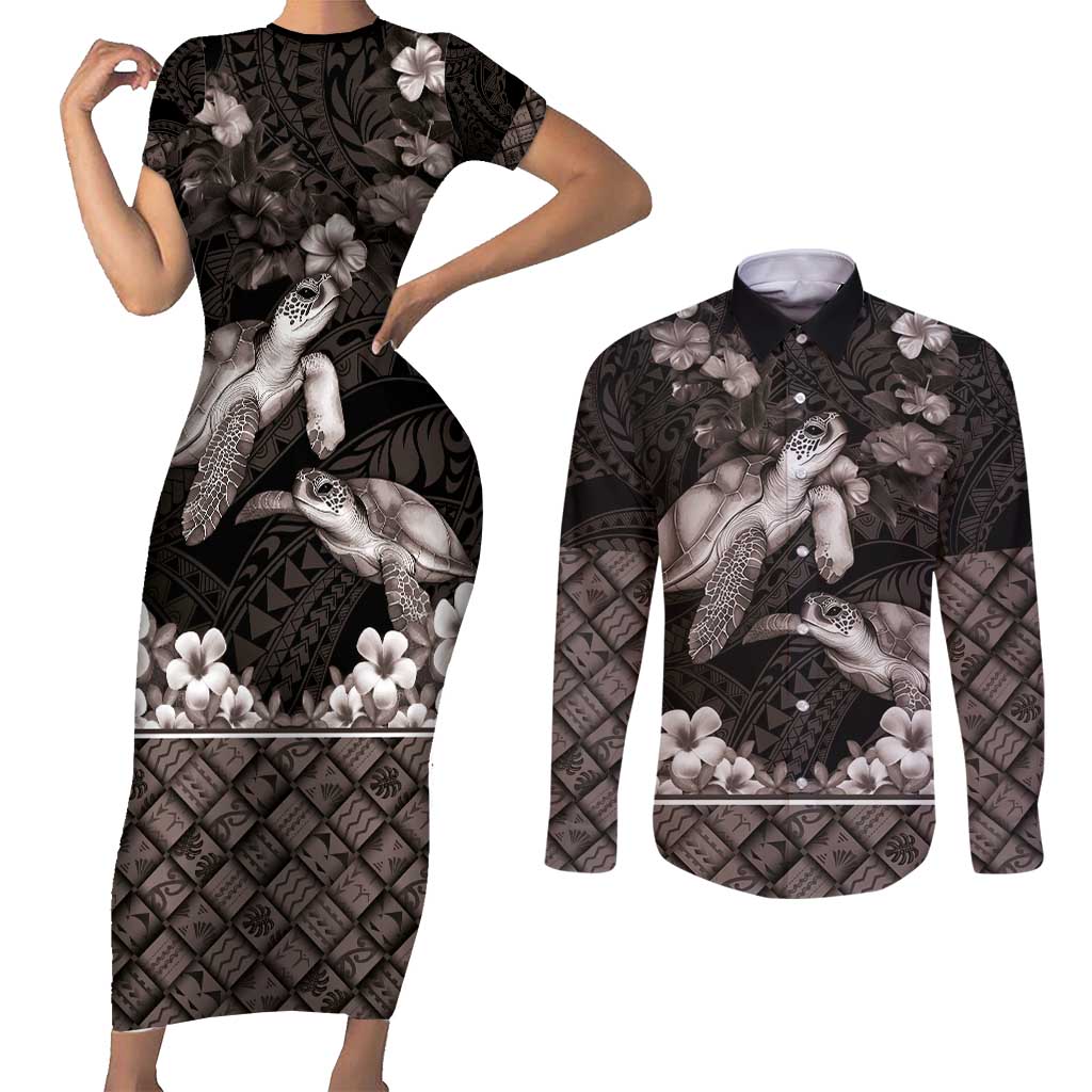 Hawaiian Lei Turtle and Plumeria Couples Matching Short Sleeve Bodycon Dress and Long Sleeve Button Shirt Polynerian Art Tattoo-Grayscale Mode LT03 Black - Polynesian Pride
