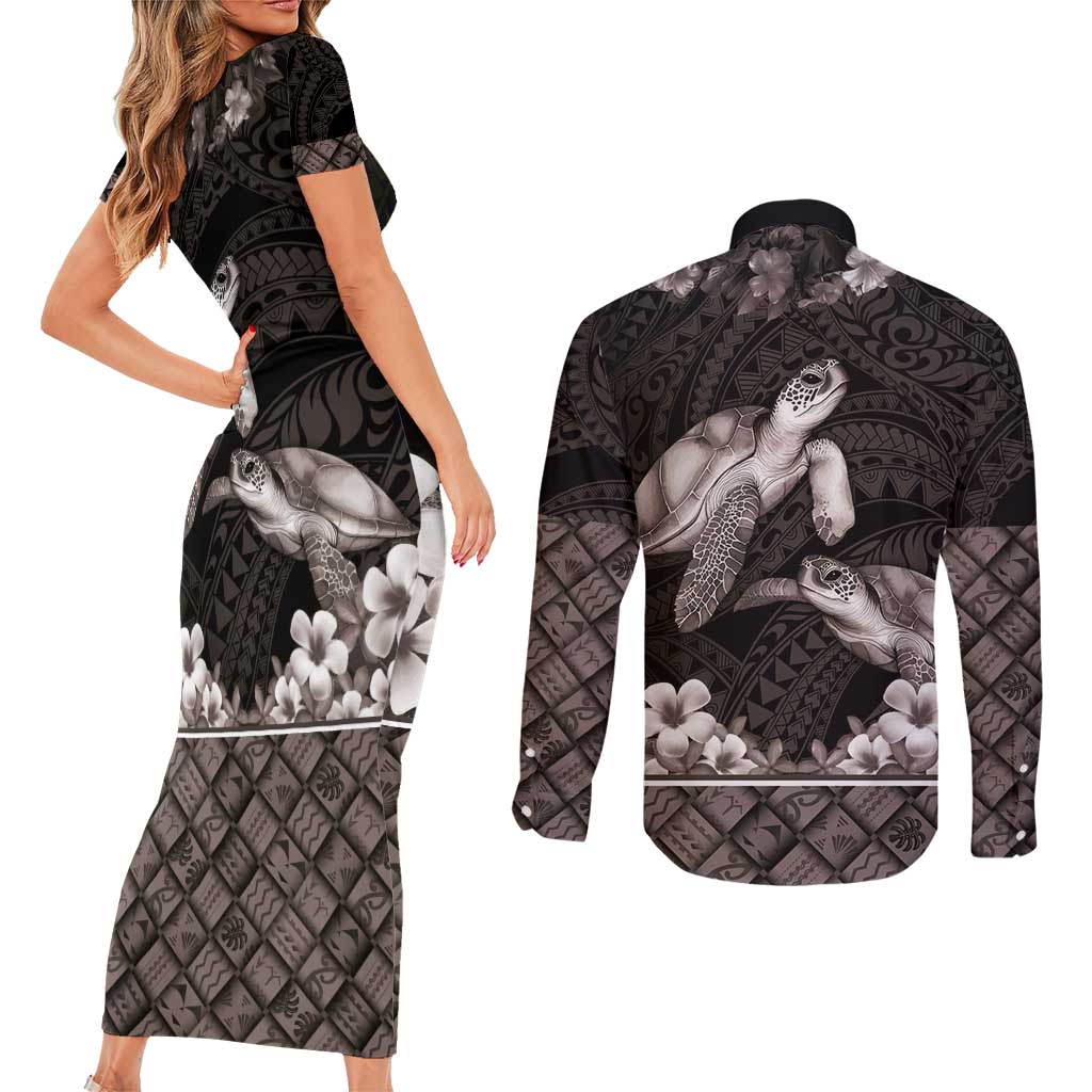 Hawaiian Lei Turtle and Plumeria Couples Matching Short Sleeve Bodycon Dress and Long Sleeve Button Shirt Polynerian Art Tattoo-Grayscale Mode LT03 - Polynesian Pride